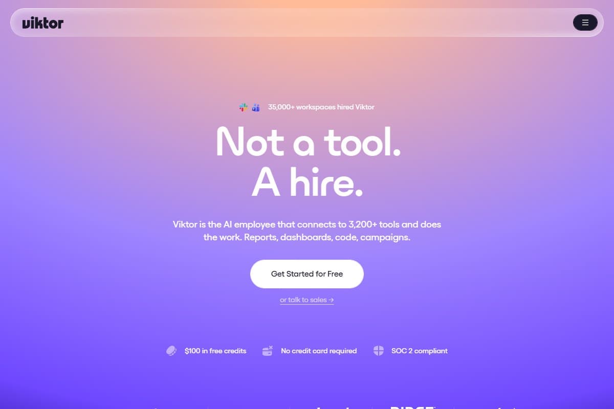 Screenshot: Viktor's homepage — 'Not a tool. A hire.' The whole pitch in four words (June 2026).