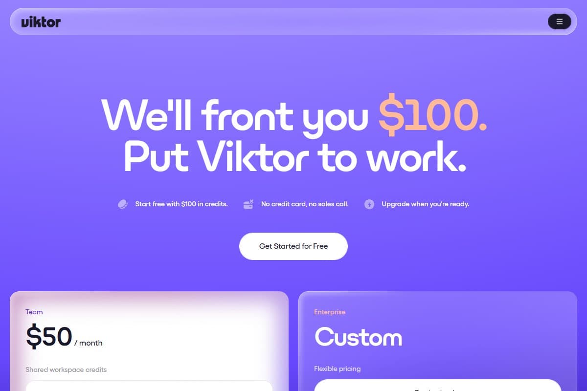 Screenshot: Viktor's pricing page — free $100 credits direct, Team from $50/mo, workspace-based with no per-seat charges (June 2026).