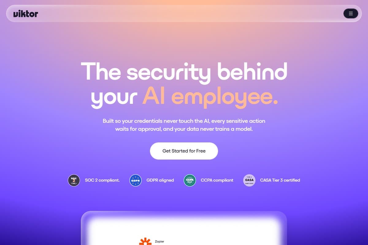 Screenshot: Viktor's security page — SOC 2, GDPR/CCPA alignment, AES-256 credential vault, and 'we don't train on your data' (June 2026).